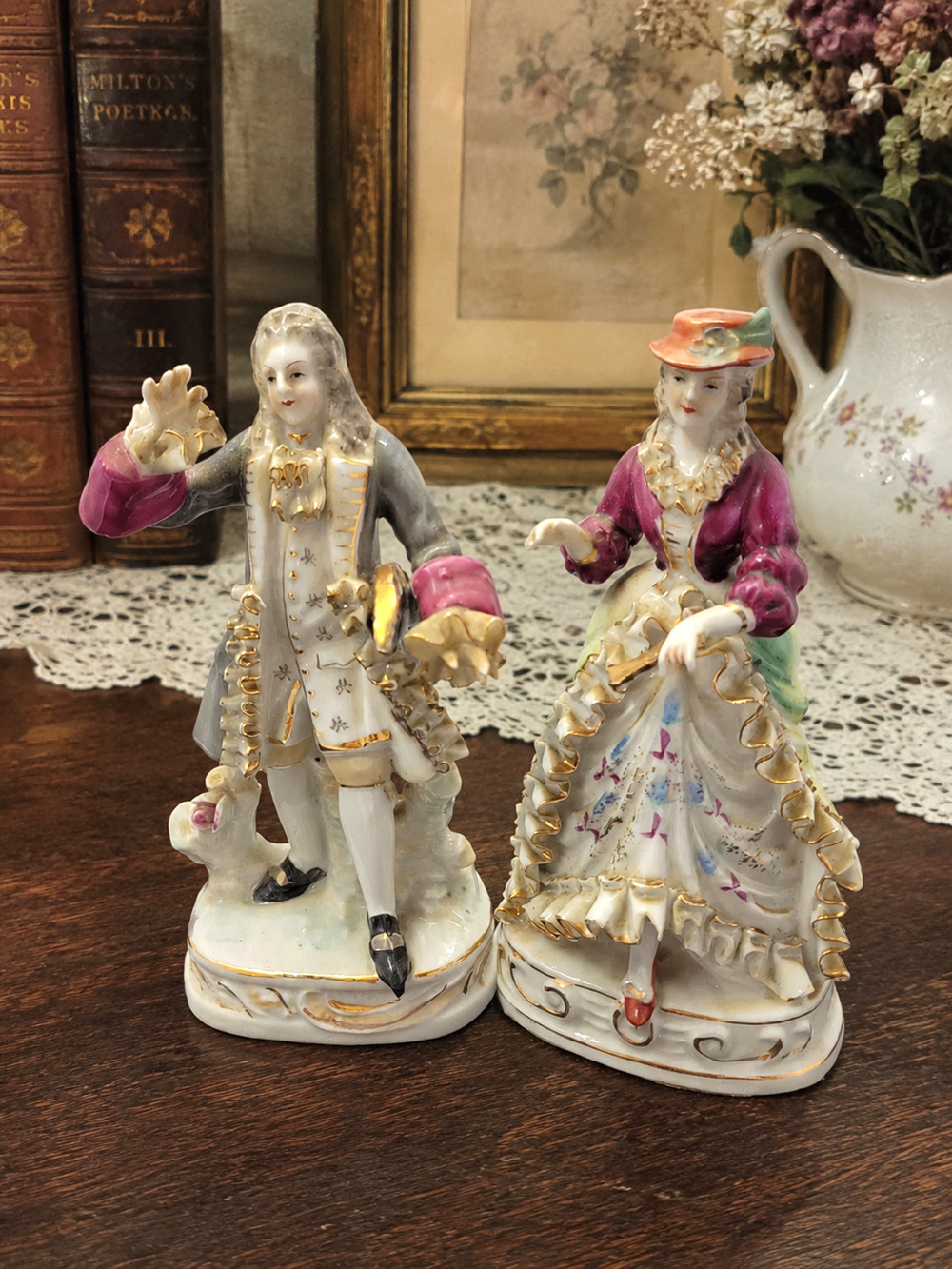Wales Porcelain Victorian Colonial Man & Woman Figurines Pair Gold Accents 6"